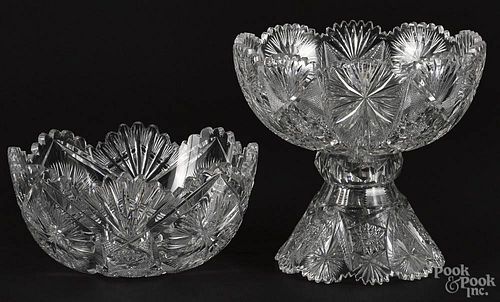 Two American brilliant cut glass center bowls, late 19th c., with caning, fan and hobstar decoration