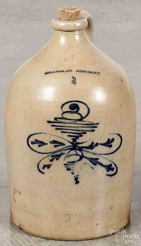 New York two-gallon stoneware jug, 19th c., impressed N. Clark Jr. Athens N. Y.