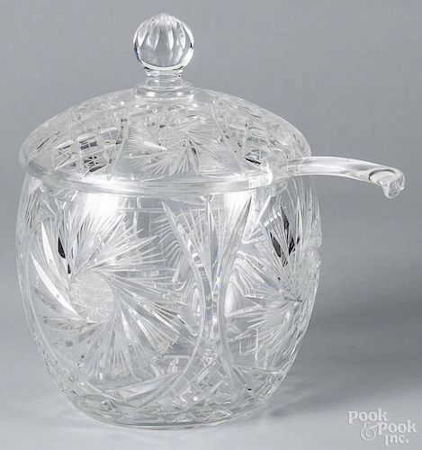 Libbey cut glass covered punch bowl with an etched signature on the lid, 12 1/2'' h., 9'' dia.
