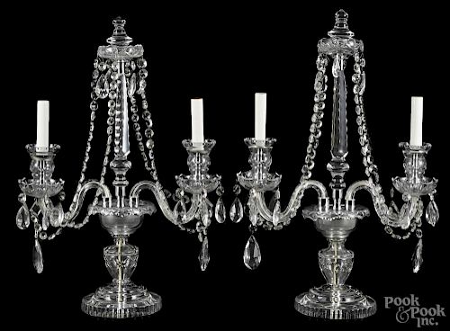 Pair of colorless glass electric candelabra, 20th c., 21 1/2'' h.