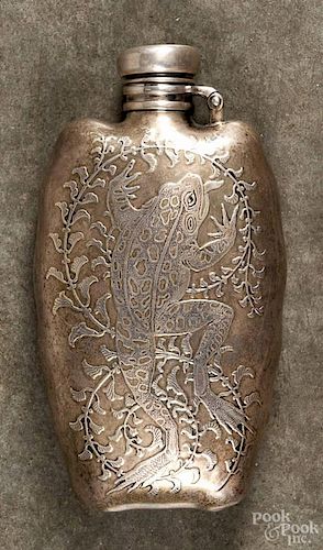 William Wilson & Son coin silver presentation flask with a chased frog and trailing vine