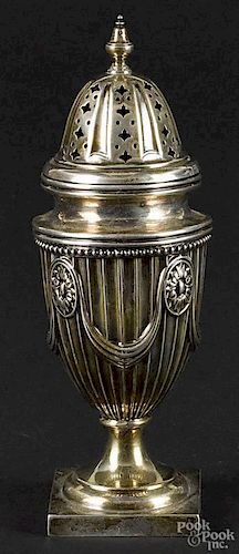 Sheffield silver sugar castor, 1846-1847, bearing the touch of Hawksworth, Eyre & Co., 8'' h.