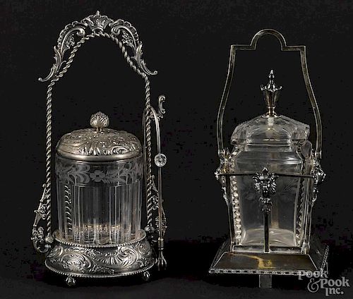 Two etched glass pickle castors, 19th c., 11'' h. and 8 1/2'' h.