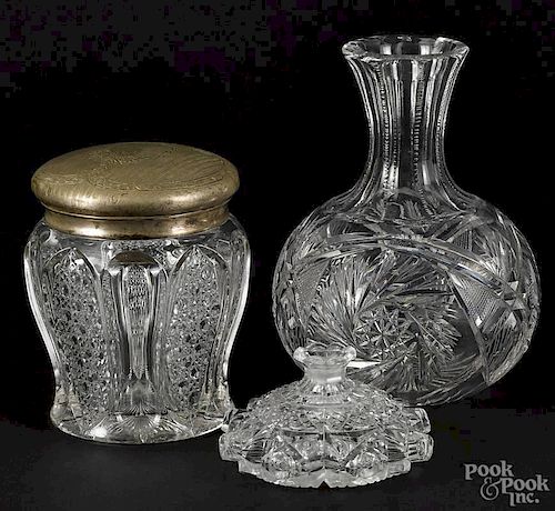 American brilliant cut glass decanter, 20th c., 8'' h., together with a pressed glass biscuit jar