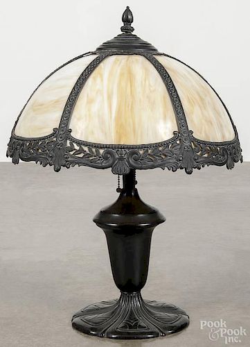Spelter and slag glass table lamp, 20th c., 22'' h.