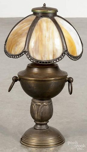 Brass and slag glass table lamp, 20th c., 12'' h.