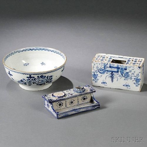 Three Blue Floral-decorated Ceramic Items