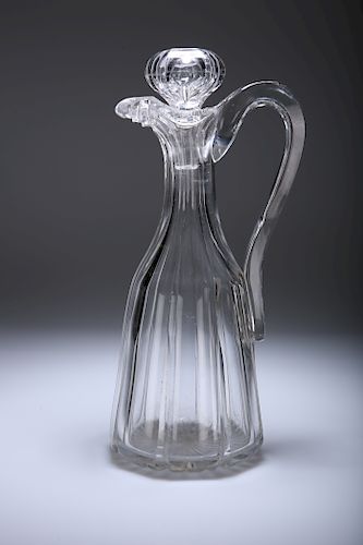 A LARGE 19TH CENTURY GLASS CLARET JUG AND STOPPER, with fac