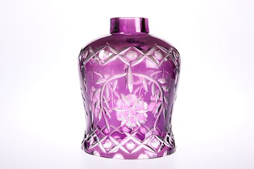 A CONTINENTAL AMETHYST AND CLEAR-CUT GLASS SHADE, decorated