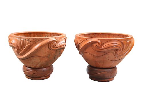 A PAIR OF HAND MADE TERRACOTTA "CELTIC" BULB BOWLS BY WEST 