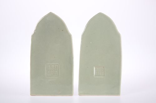 A PAIR OF CHINESE CELADON BUDDHAS, seated in dhyanasana, th