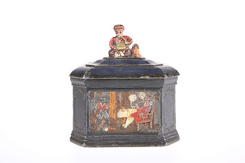 A MID-VICTORIAN PAINTED LEAD TOBACCO BOX, of rectangular fo