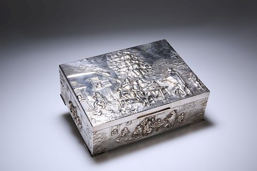 A SILVER-PLATED CIGARETTE BOX, c. 1900, the hinged cover an