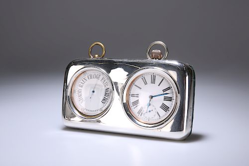 A GEORGE V SILVER-MOUNTED CASED DESK CLOCK AND BAROMETER, t