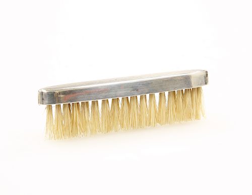 A STERLING SILVER MOUNTED MOUSTACHE BRUSH, with engine turn