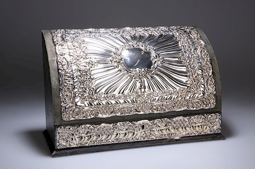 A SILVER-MOUNTED STATIONERY BOX IN 19th CENTURY STYLE, the 