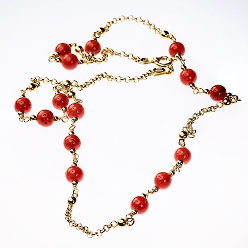 18CT YELLOW GOLD AND CORAL NECKLACE, the fifteen coral bead