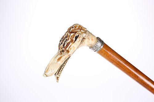 A LATE VICTORIAN DOG'S HEAD MALACCA WALKING CANE, with silv