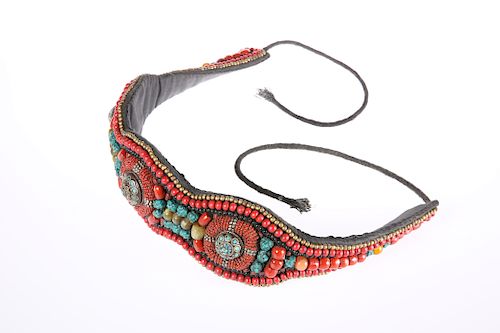 A TIBETAN BUDDHIST BELT, decorated with turquoise and coral
