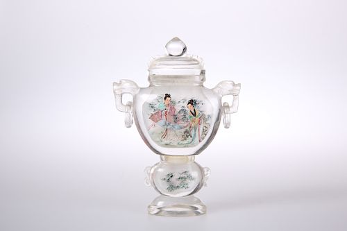 A CHINESE GLASS SNUFF BOTTLE AND COVER, with ring handles, 