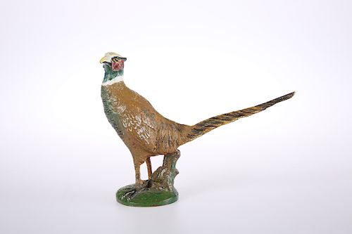 A COLD-PAINTED BRONZE CAR MASCOT MODELLED AS A COCK PHEASAN