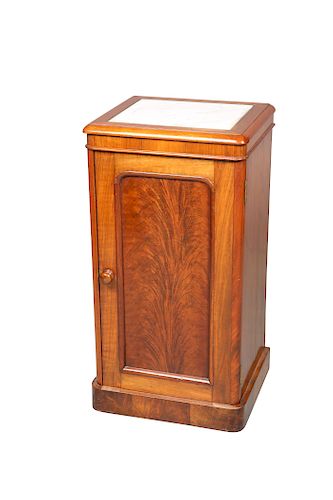A VICTORIAN MARBLE-INSET MAHOGANY POT CUPBOARD, the moulded