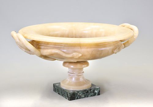A LARGE 19TH CENTURY ALABASTER URN, circular with entwined 
