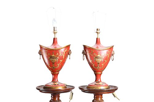 A PAIR OF RED "TOLE" TABLE LAMPS, of urn form, decorated wi