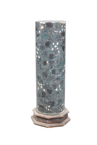 A 19TH CENTURY FAUX MARBLE COMPOSITION PEDESTAL, the cylind