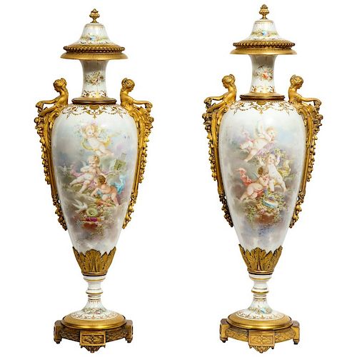 Monumental Pair of French Ormolu-Mounted White S_vres Porcelain Vases and Covers