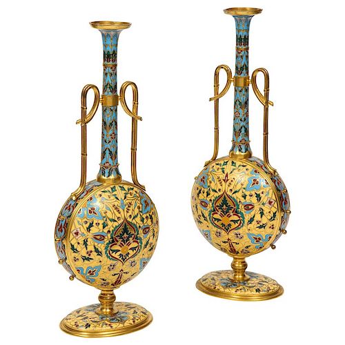 Extremely Rare Pair of Ferdinand Barbedienne Ormolu and ChamplevÛ_Œ© Enamel Vases