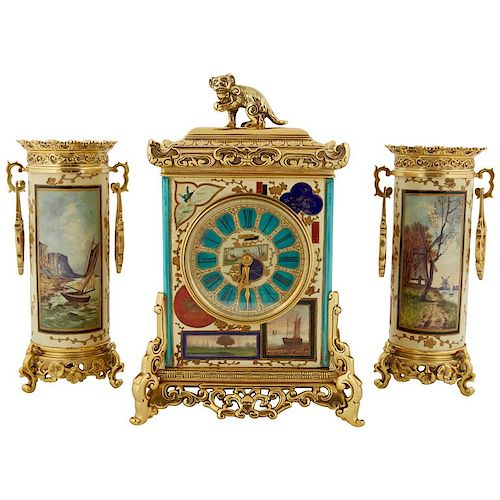 French "Japonisme" Gilt-Bronze Mounted Three-Piece Porcelain Clock Garniture