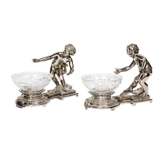 Pair of French Silvered Bronze and Glass Centerpieces with Cherubs