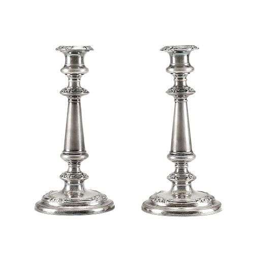 A copper and silver plated pair of candelabra, Old Sheffield, early 19th century