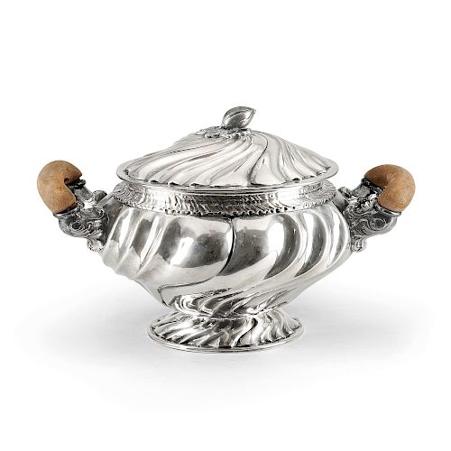 A silver soup-tureen, with wooden handles, early 20th century