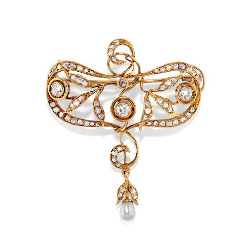 A 18K yellow gold, diamond and pearl, multipurpose: pendant, central, necklace, brooch, Early 20th Century