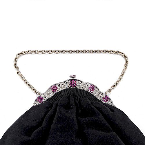 A satin, 18K white gold, diamond and ruby evening bag