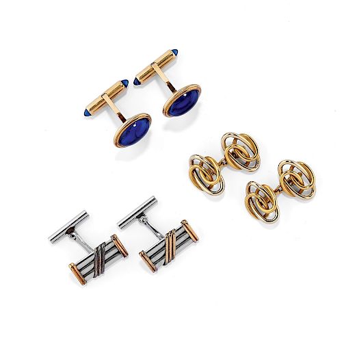 Three couple of 18K two-color gold, steel and blue synthetic gemstone cufflinks