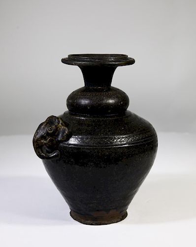 12th C. Stoneware Cambodian Khmer Black Glaze Jar 