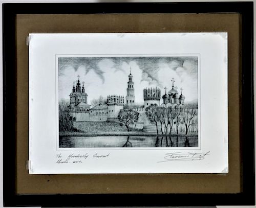 Novodevichy Convent, Moscow SIgned Etching