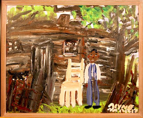 Outsider Art, Alyne Harris, Black Cat and Boy (in front of Cabin)