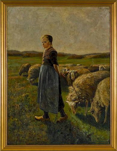 Oil on canvas of a girl with sheep, early 20th c.