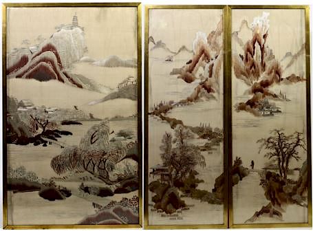 Antique Chinese Silk Embroidered Triptych