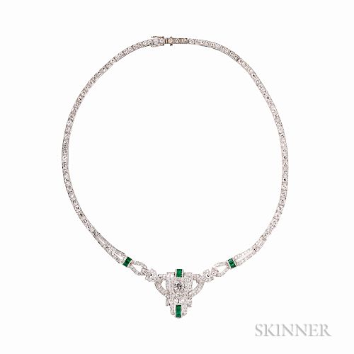 Art Deco Platinum, Diamond, and Emerald Necklace