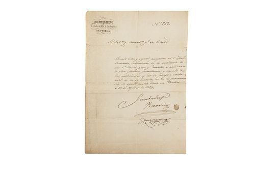 Victoria, Guadalupe. Pasaporte para el Subteniente de Artillería Manuel Escalante. Puebla, agosto 10 de 1834. Firma.