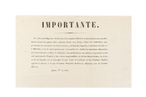 Llamamiento para que se Presenten ante las Autoridades Todos los Individuos que Prestaron sus Servicios a la Intervención. México, 1867