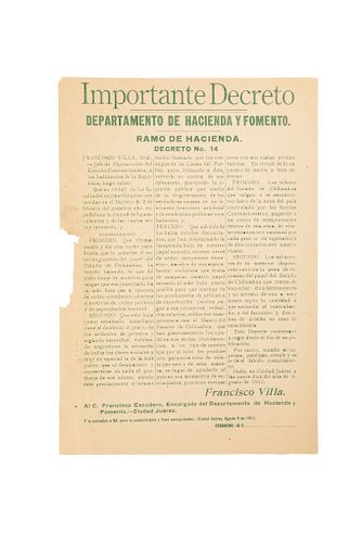 Villa, Francisco. Volante sobre el Decreto Relativo a la Baja del Valor del Papel Moneda del Estado de Chihuahua. Ciudad Juárez, 1915.