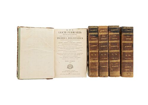 Ferraris Soler, Lucii. Promta Bibliotheca, Canonica, Juridica, Moralis, Theologica... Matriti: 1786 - 87. Tomos I - X en 5 volumenes.