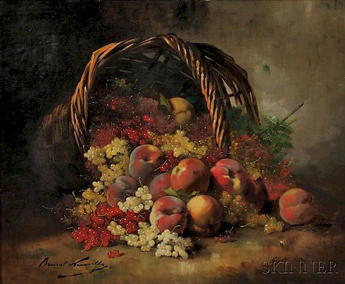 Alfred Arthur Brunel de Neuville (French, 1852-1941)      Still Life with Currants and Peaches Spilling from a Basket