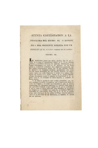 Lato - Monte, Ludovico de. Atenta Contestación a la Proclama del Excmo. Sr. O - Donoju. Puebla: Imprenta Liberal de Troncoso Hnos.,1821